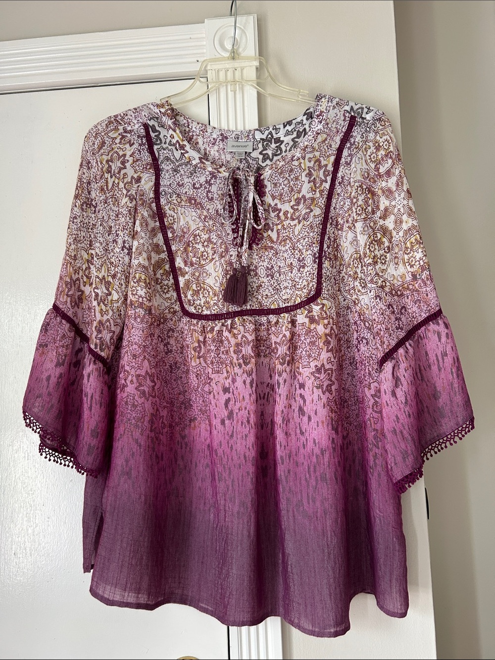 Avenue Boho Tie-Neck Peasant Top in Berry Ombre